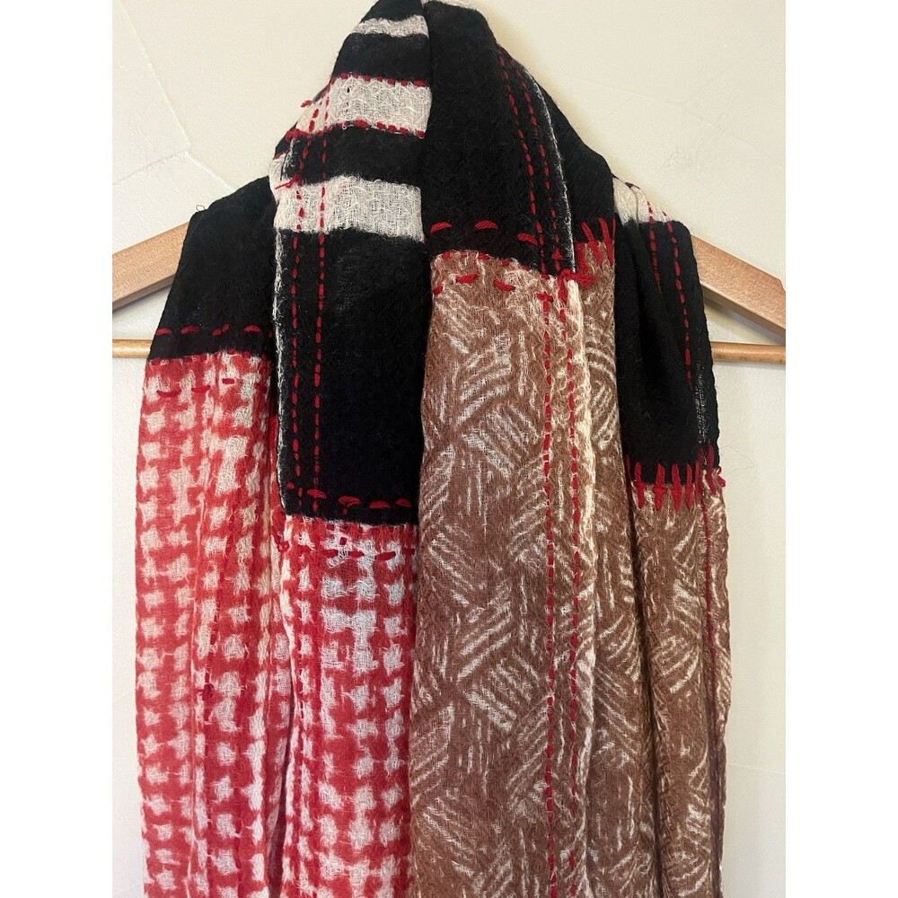 Women’s Patchwork Knit Scarf in Black, Red & Brown